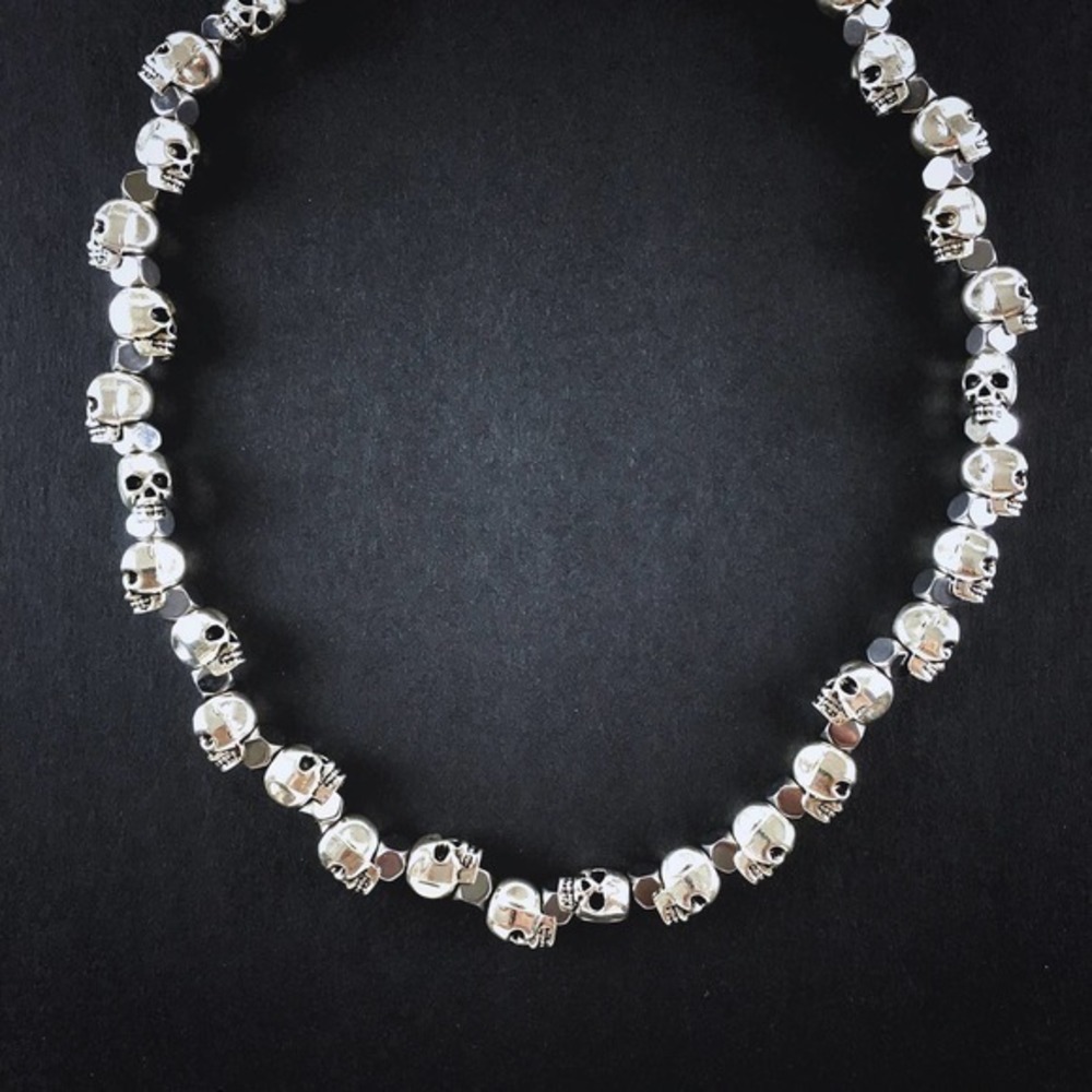 💀20” Silver Skull and Hematite Beaded Necklace Chain